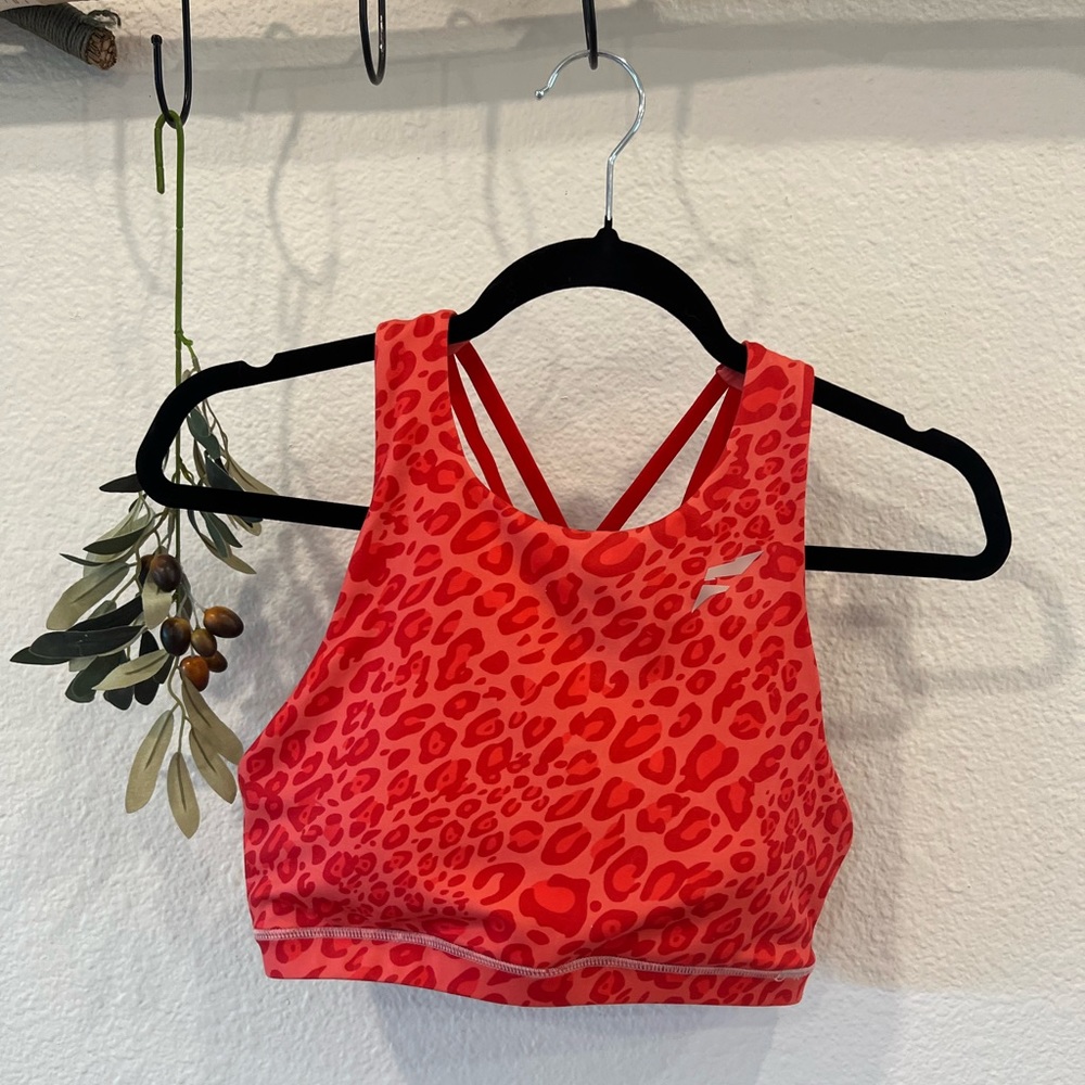 Flag nor fail red cheetah sports bra strappy/open back, high neck